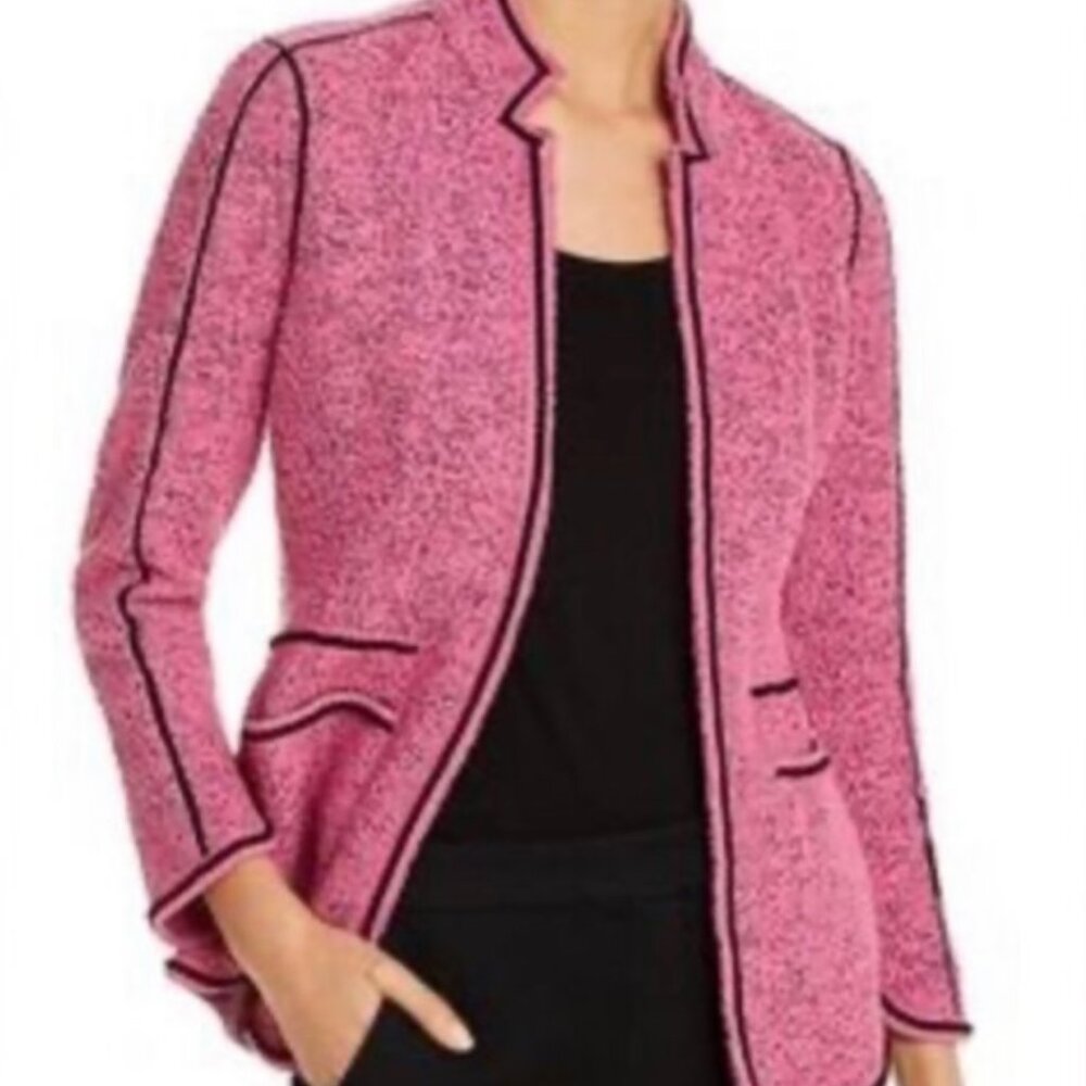 Nic +Zoe Pink Texture Boucle Blazer Black Piping Fitted Jacket XS NWTS $178